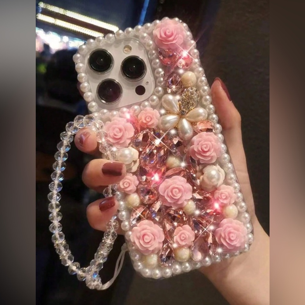 Faux Pearl, Rhinestones & Pink Roses Phone Case 16 Pro Max; NWOT